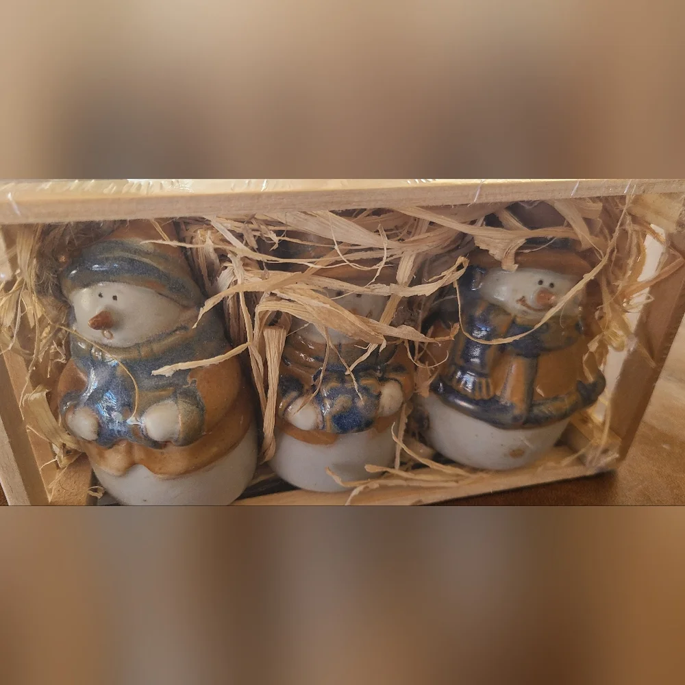 New in box Ceramic snowman bell ornaments in a wooden crate Pier 1